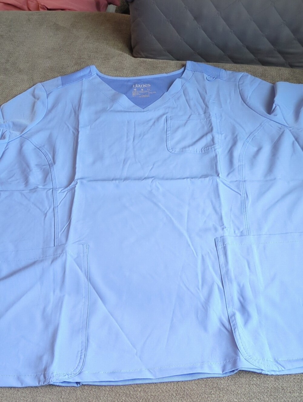 Hanes Light Blue V-Neck Scrub Top with Pockets
